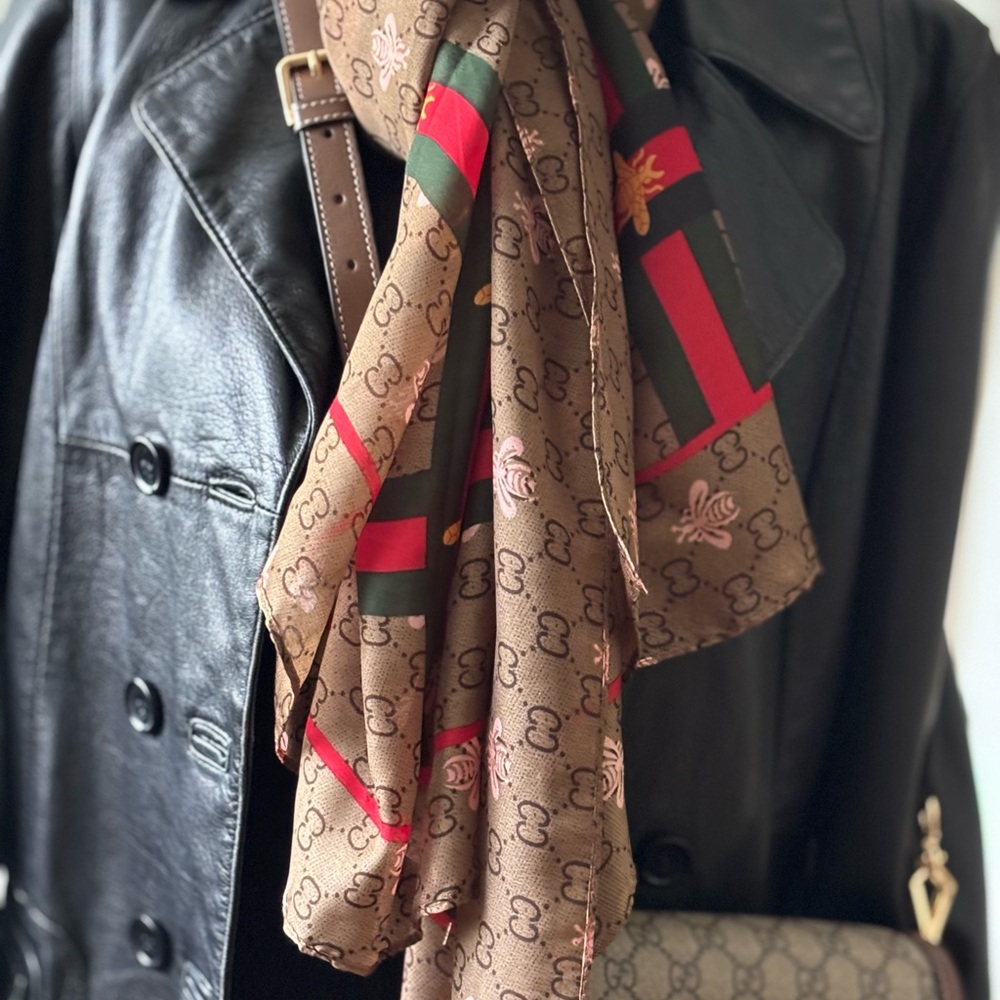 Brown Patterned Scarf with Red and Green Accents